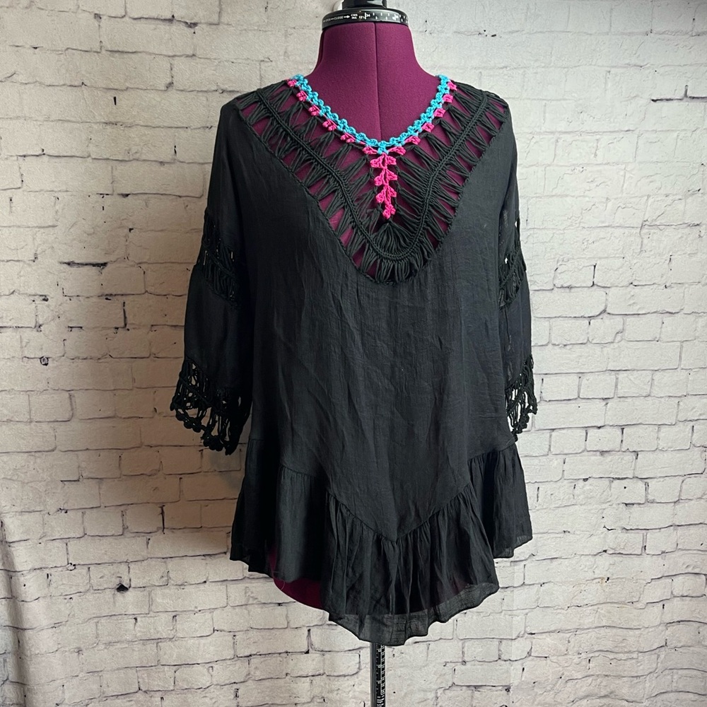 Swimsuit coverup black with brightly colored trim crochet details